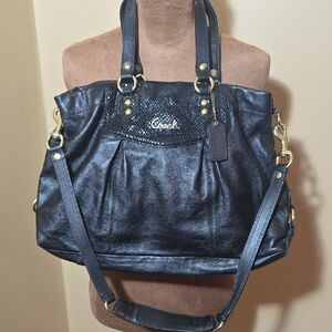 Coach Black Leather Shoulder Bag with Gold Accents